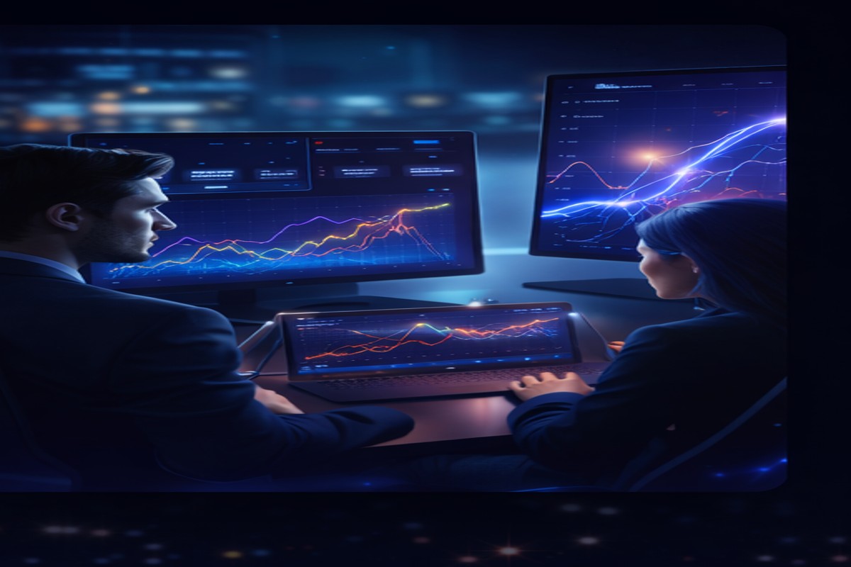 Equipe trabalhando com análise financeira